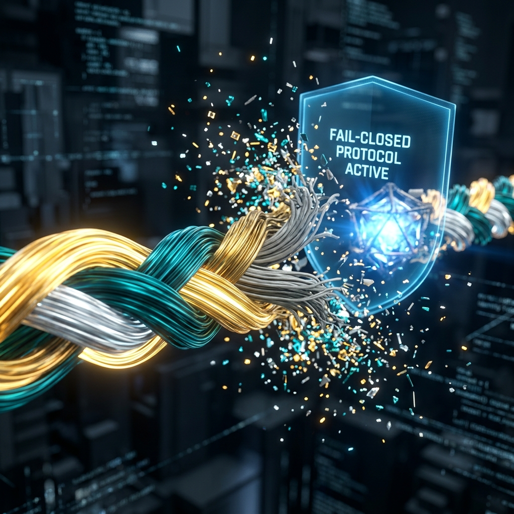 Fail-closed — unauthorized intent does not execute; default deny with a defensible receipt